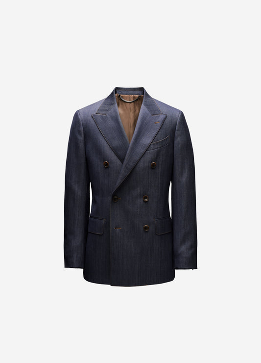 Wool Denim Double-Breasted Suit Jacket Navy