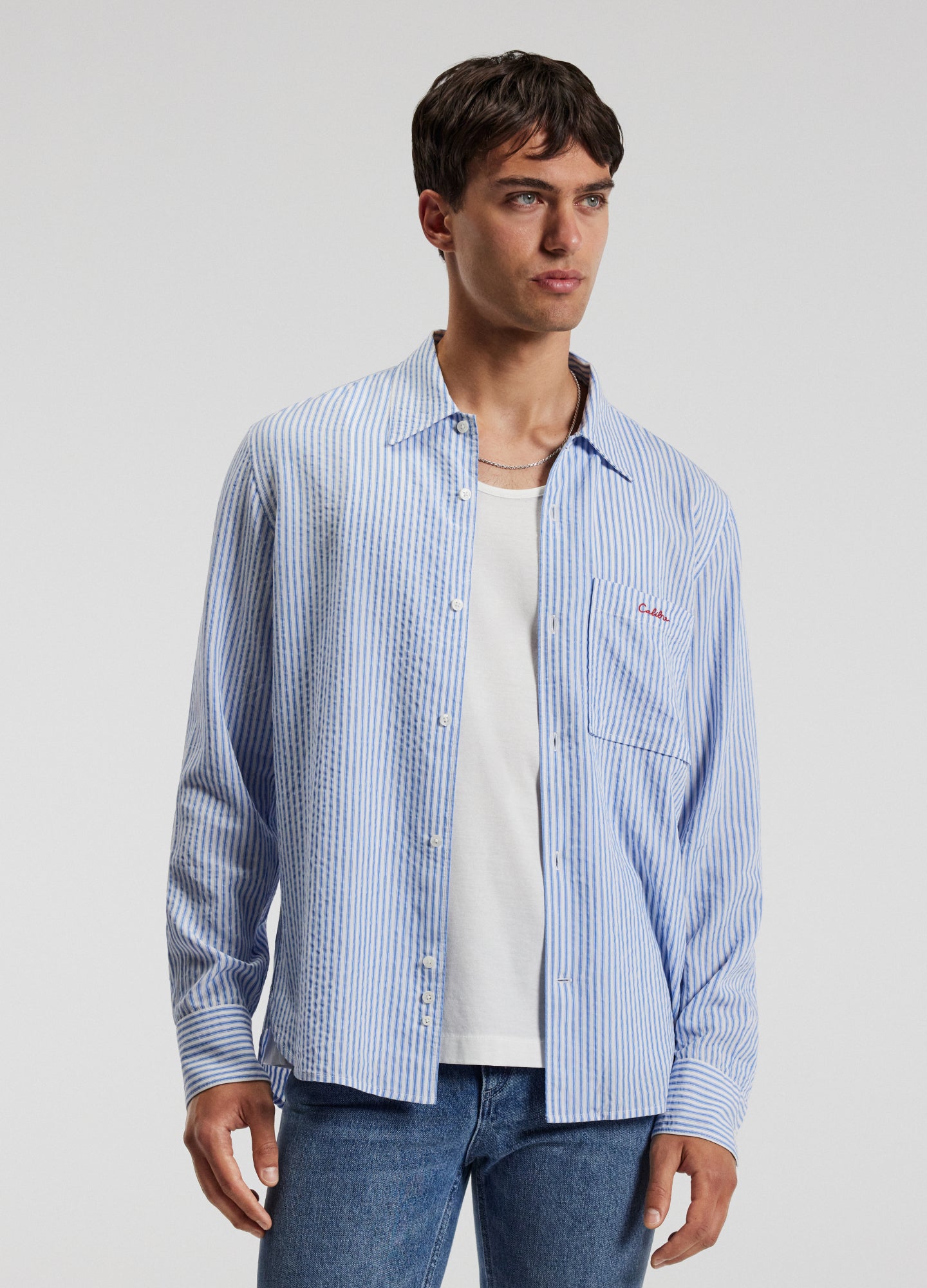 Seersucker Striped Shirt Pale Blue