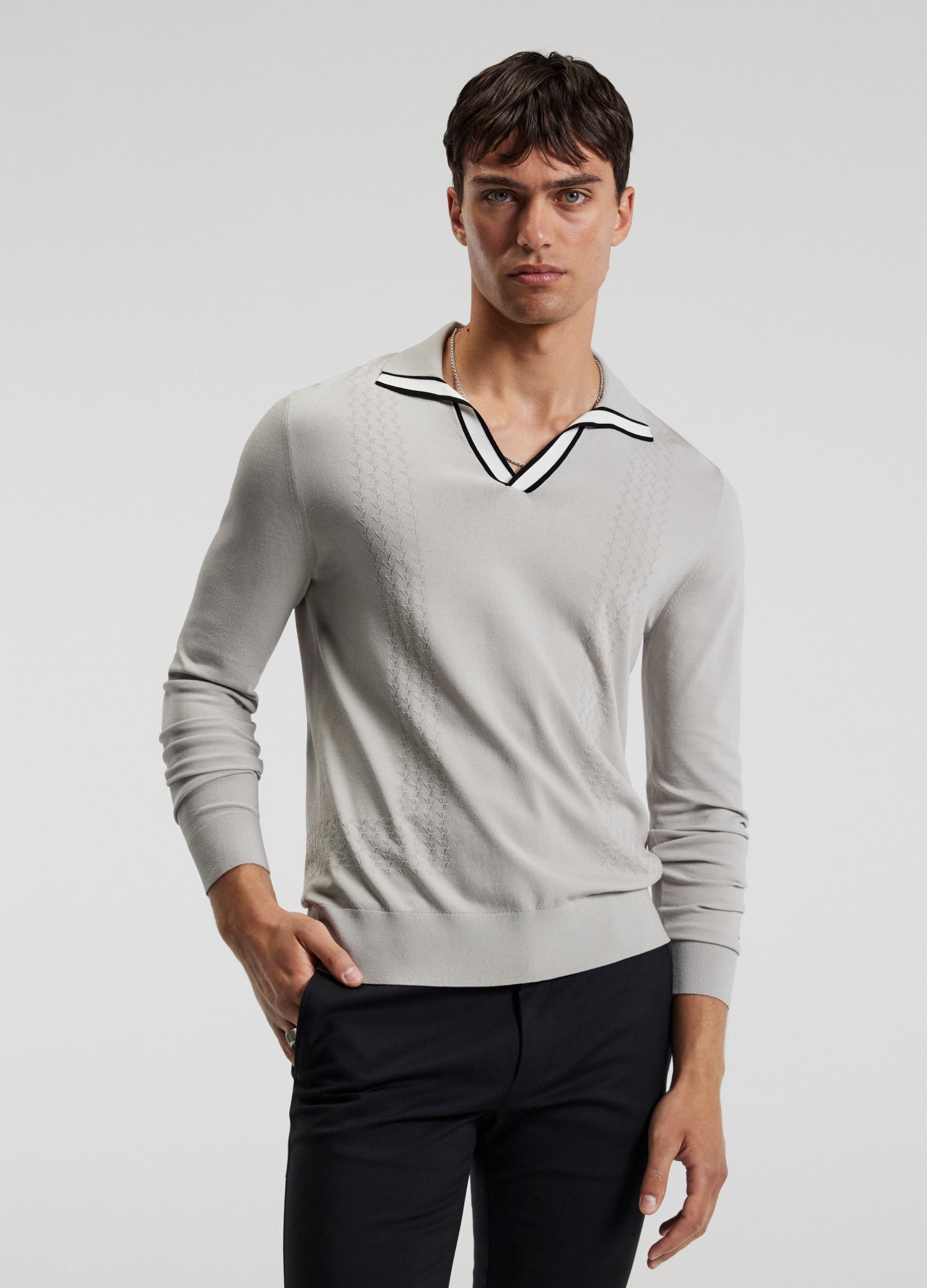 Open Neck Long Sleeve Polo Silver
