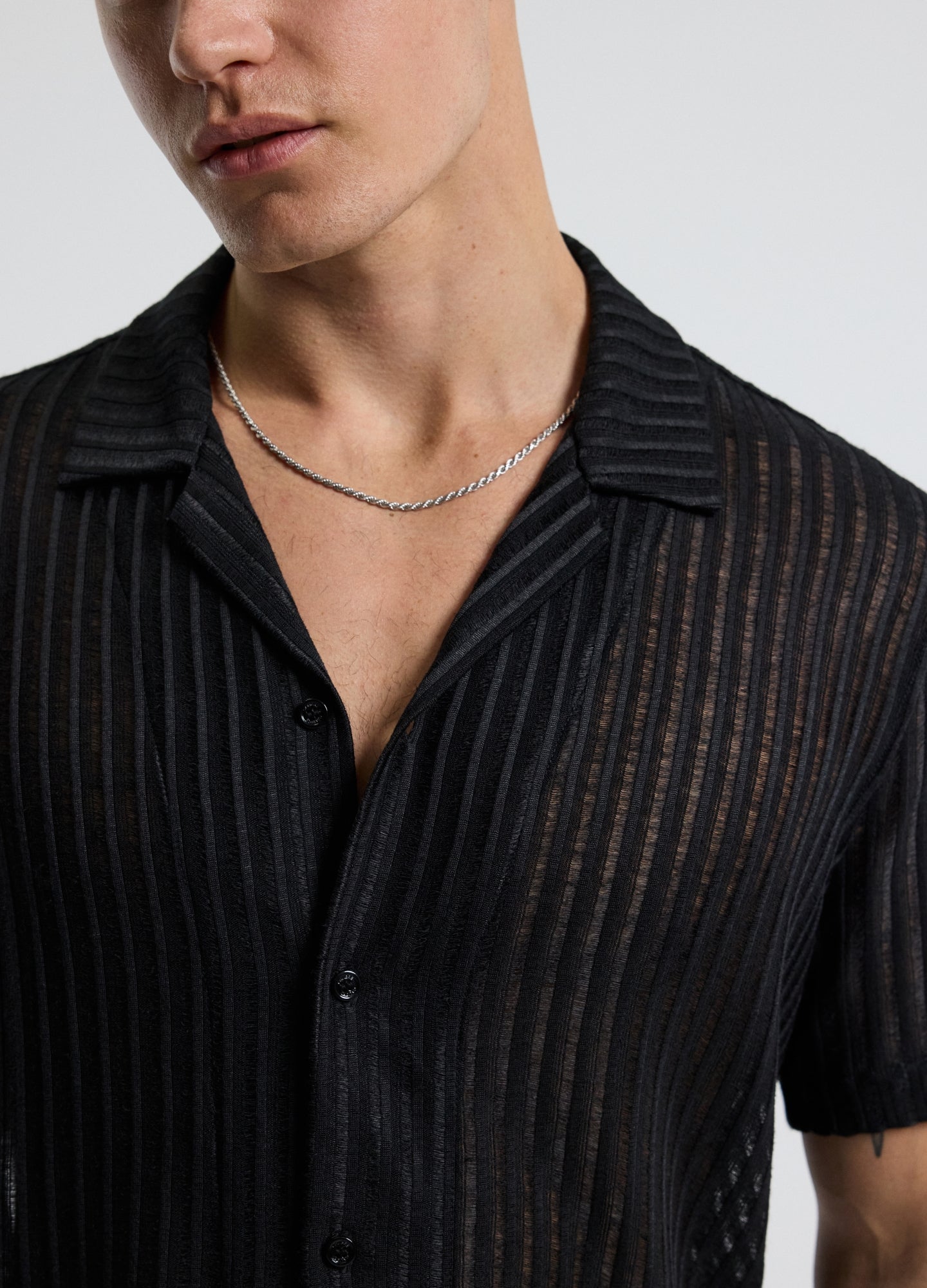Striped Open Knit Short Sleeve Shirt Black