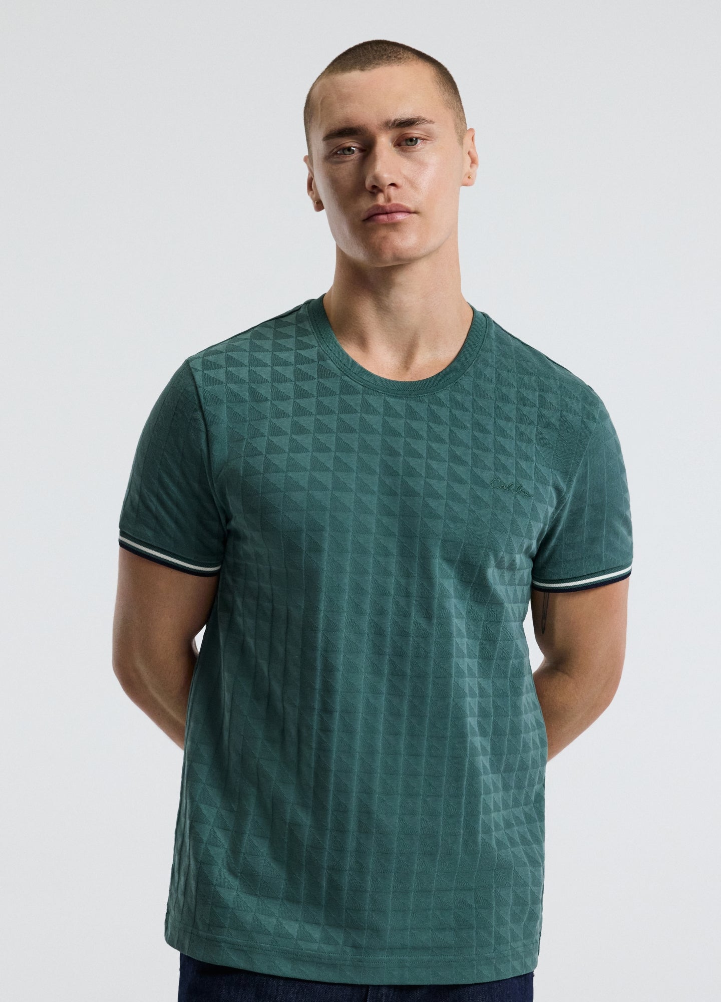 Striped Trim Jacquard T-shirt Sea Green