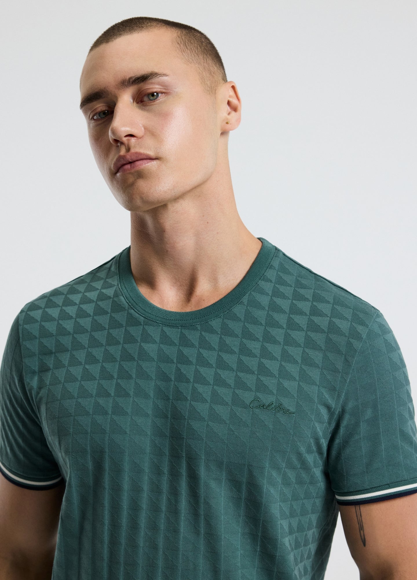 Striped Trim Jacquard T-shirt Sea Green
