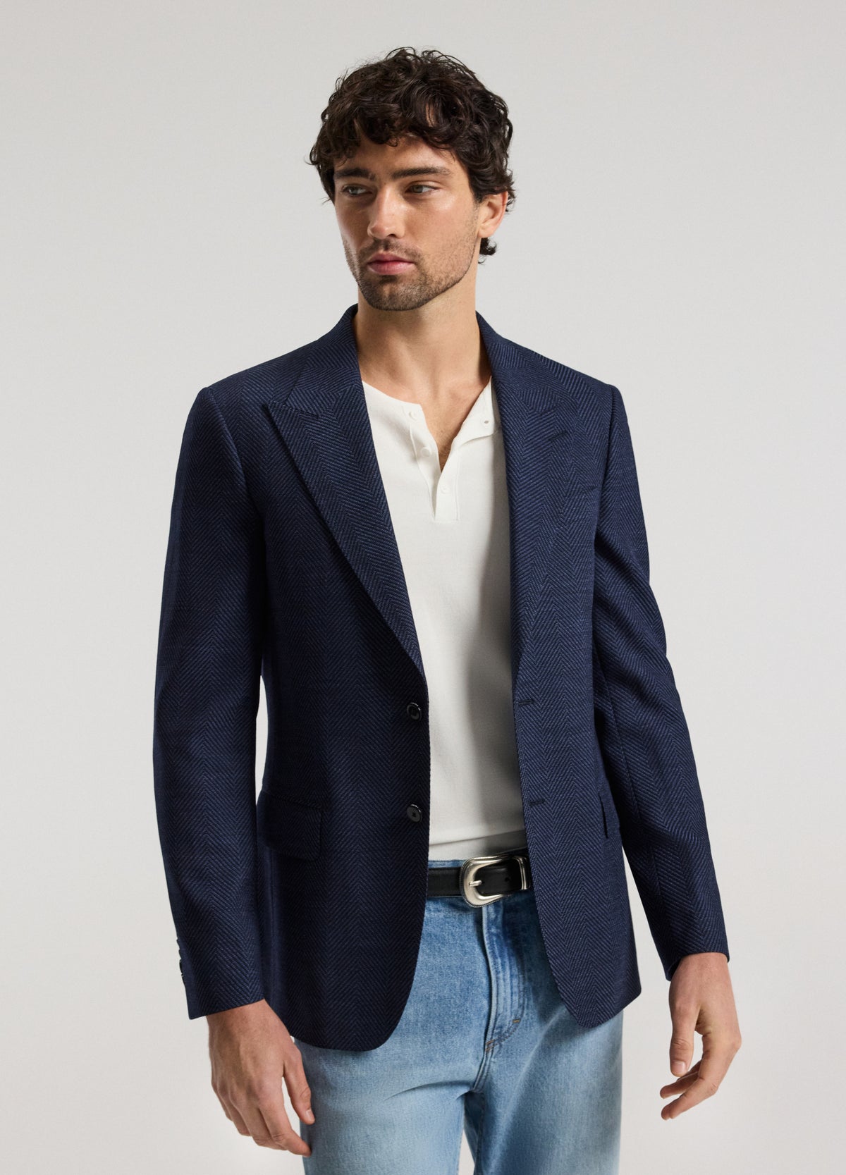 Tailored Wool Herringbone Blazer Denim Blue