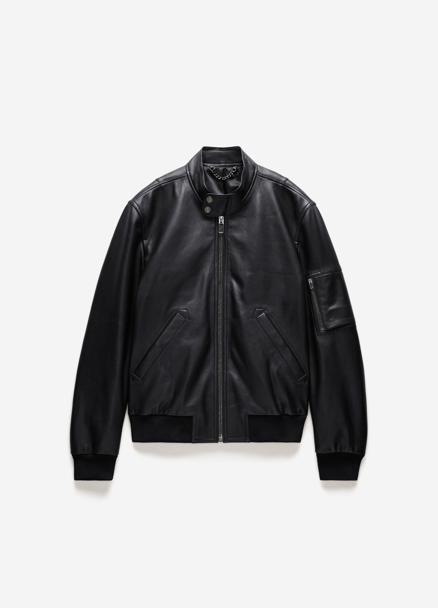 Stand Collar Leather Bomber Jacket Black
