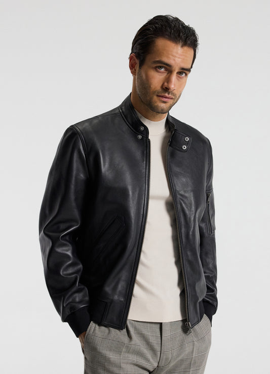 Stand Collar Leather Bomber Jacket Black