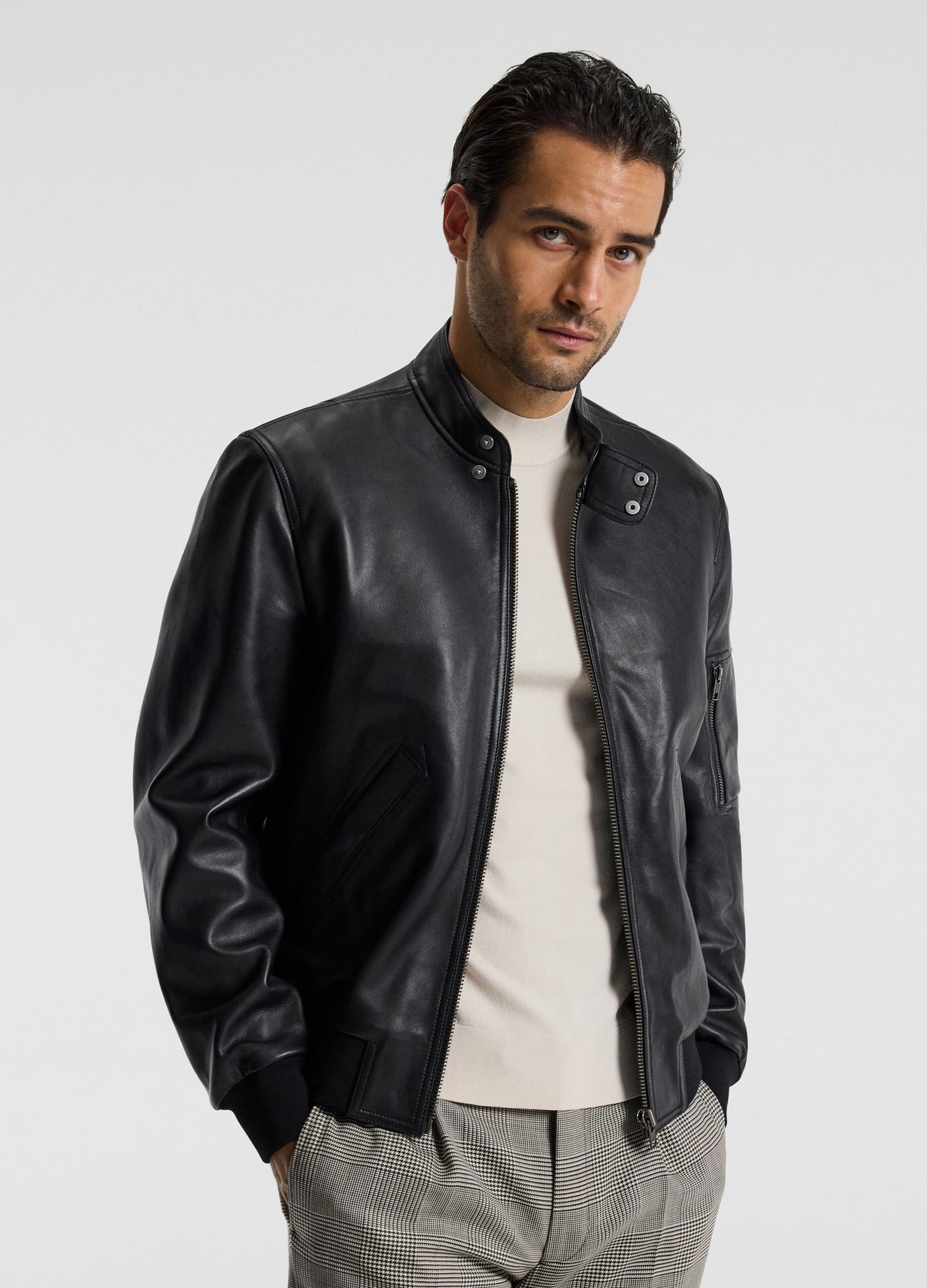 Stand Collar Leather Bomber Jacket Black