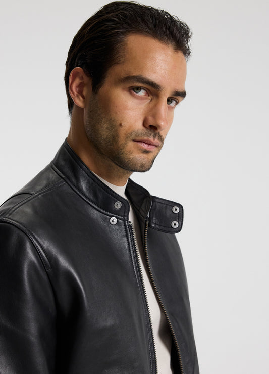 Stand Collar Leather Bomber Jacket Black