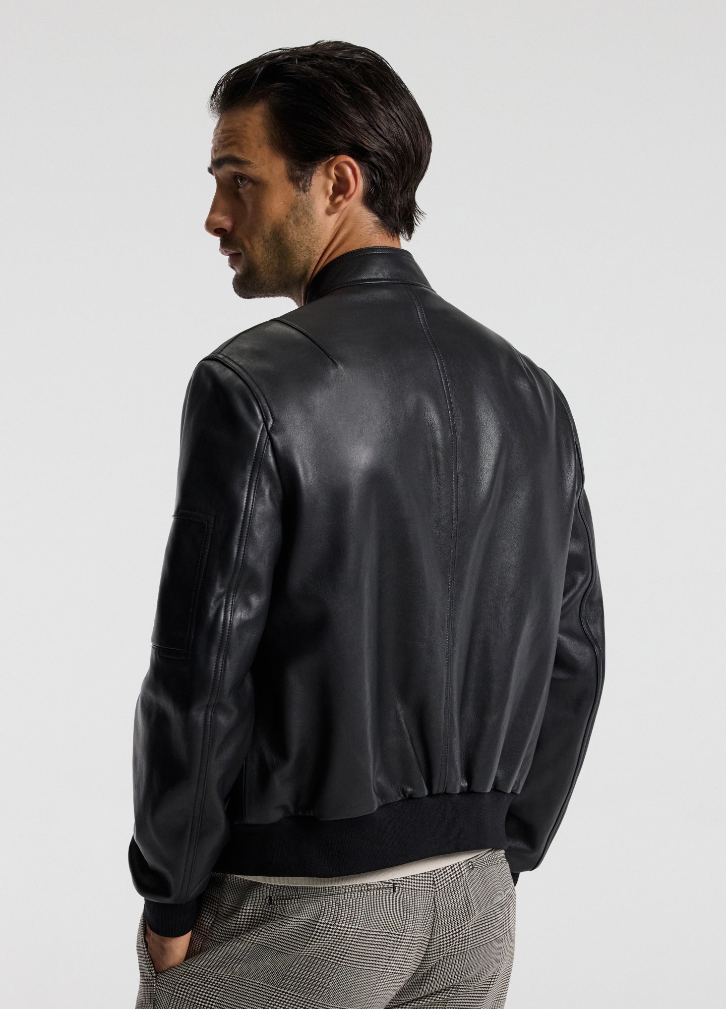 Stand Collar Leather Bomber Jacket Black