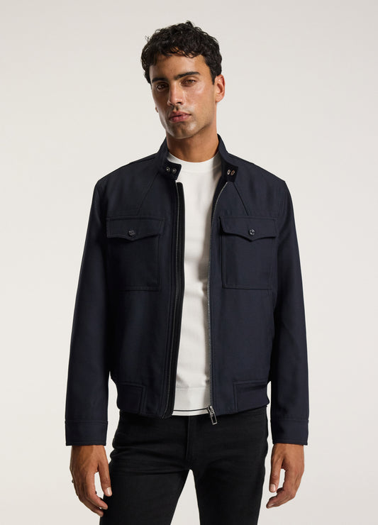 Stand Collar Wool Bomber Jacket Navy