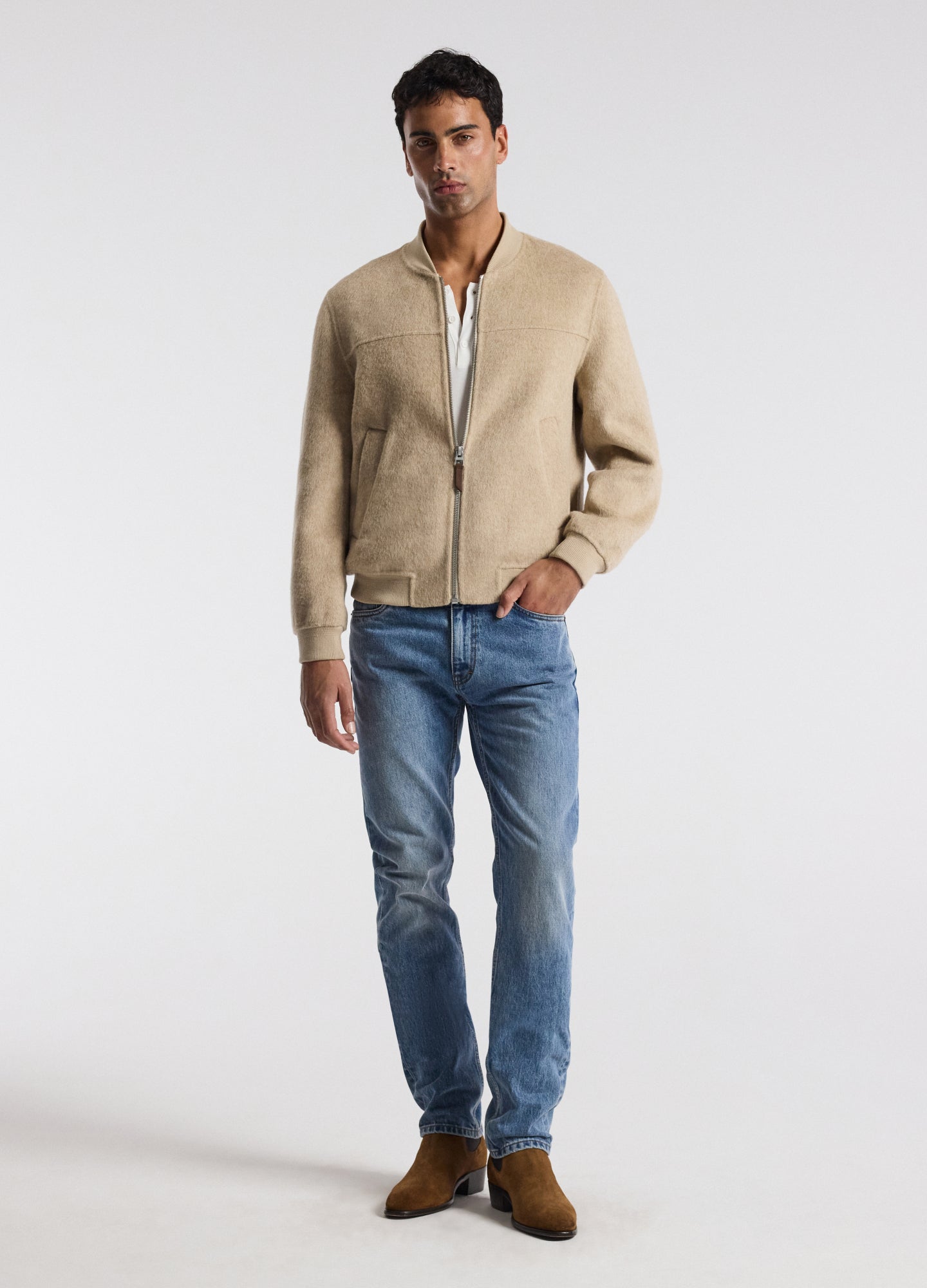 Sherpa Collar Wool Bomber Jacket Neutral
