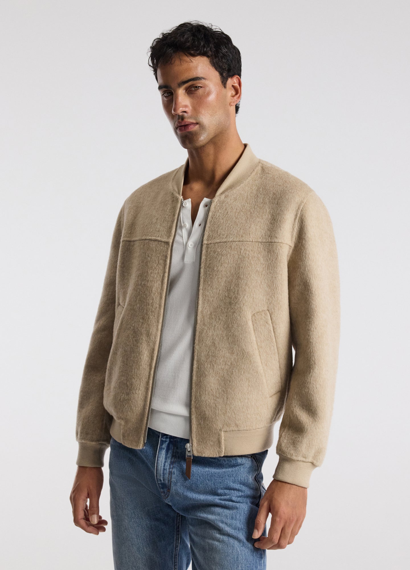 Sherpa Collar Wool Bomber Jacket Neutral