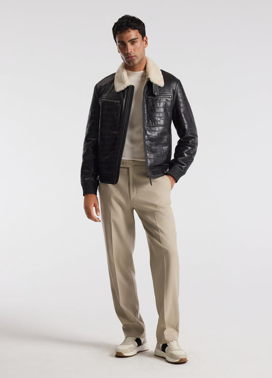 Croc Embossed Leather Shearling Jacket Chocolate