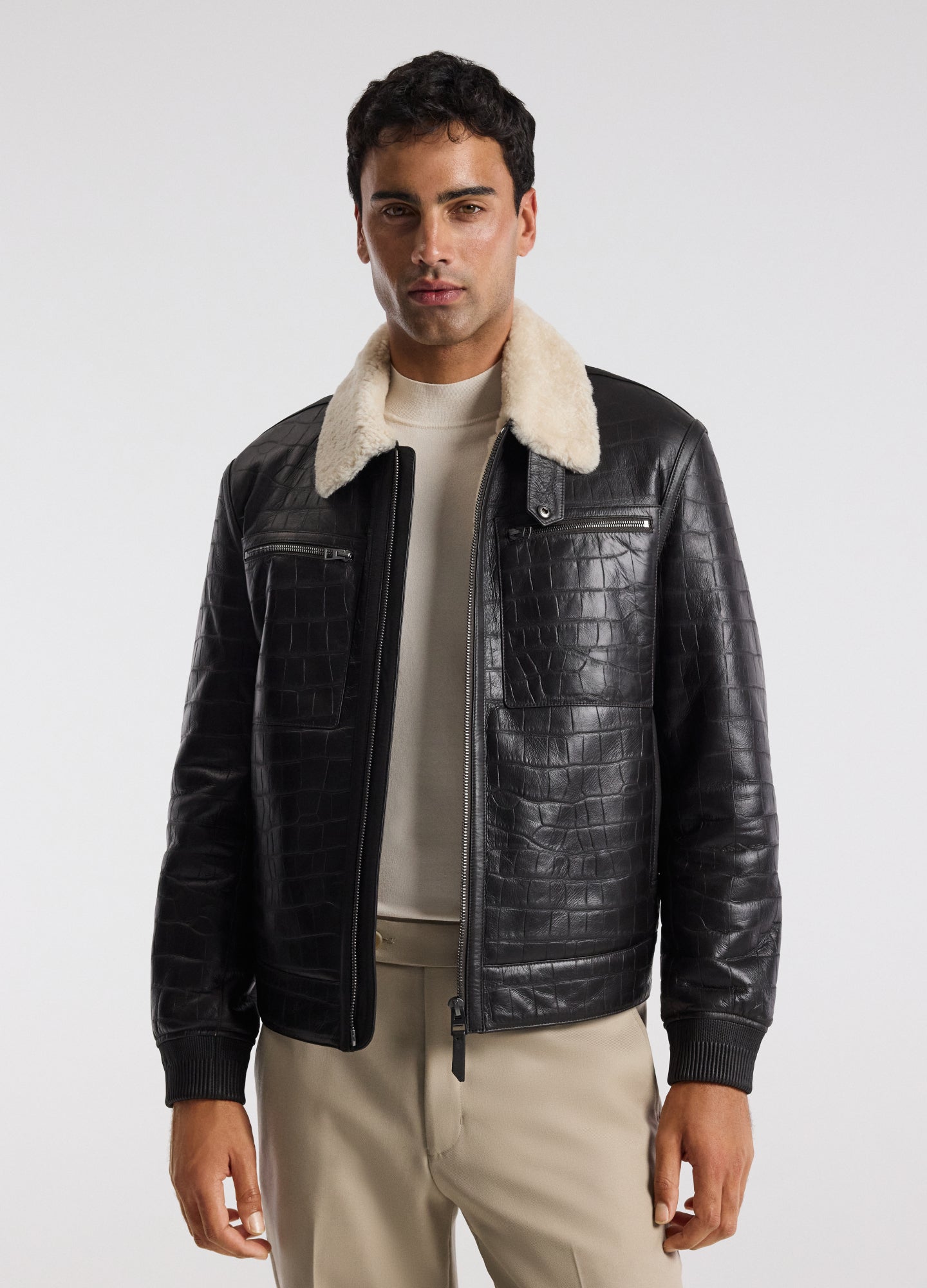 Croc Embossed Leather Shearling Jacket Chocolate