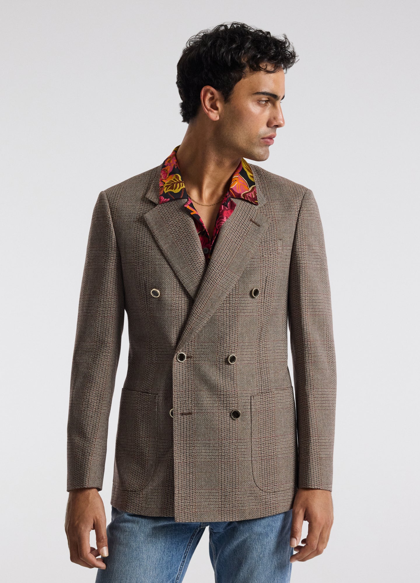 Double-Breasted Glen Check Wool Blazer Mahogany