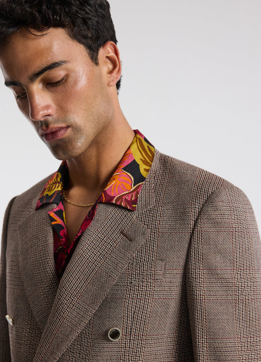 Double-Breasted Glen Check Wool Blazer Mahogany