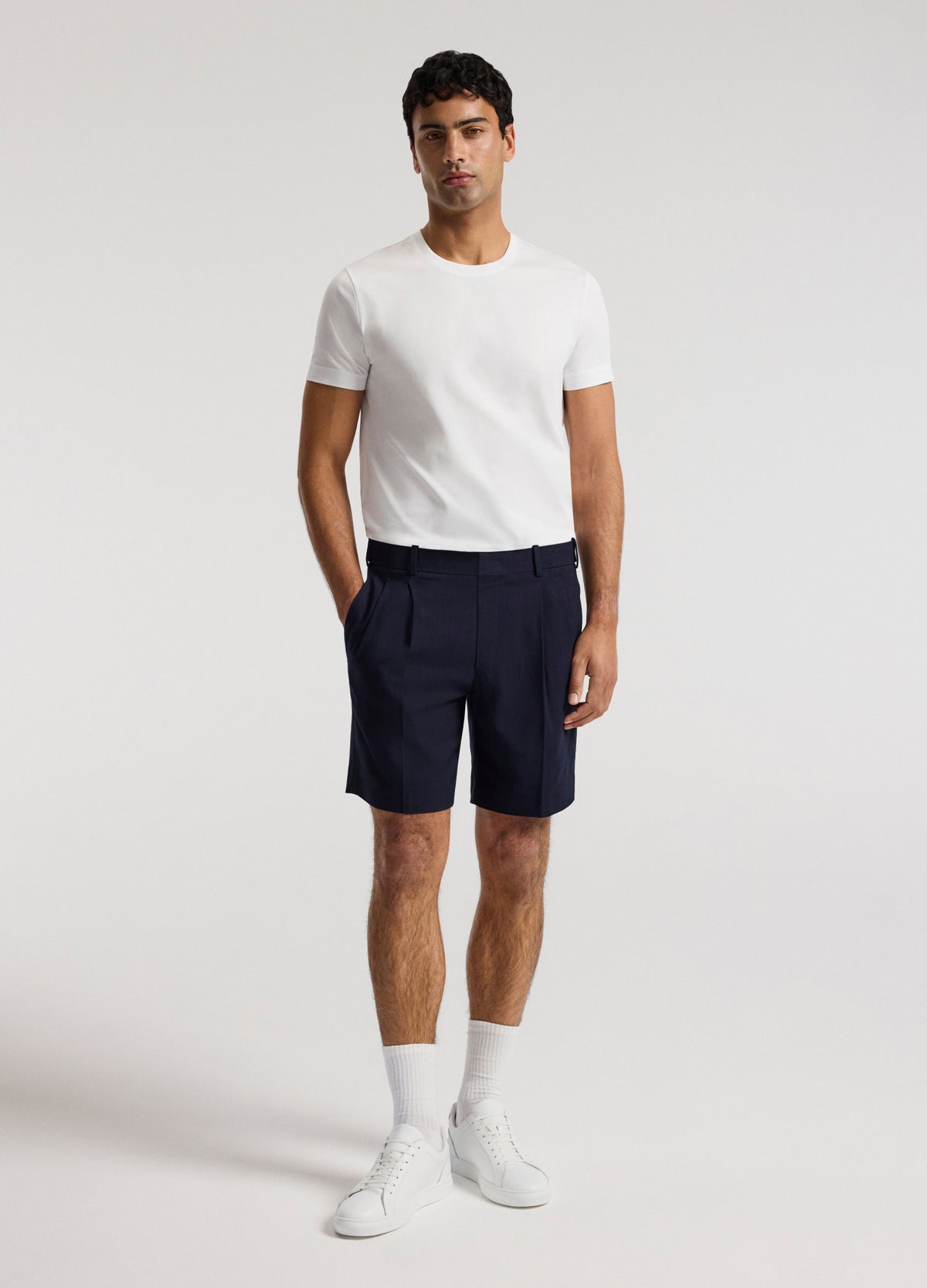 Relaxed Pleat Textured Shorts Navy