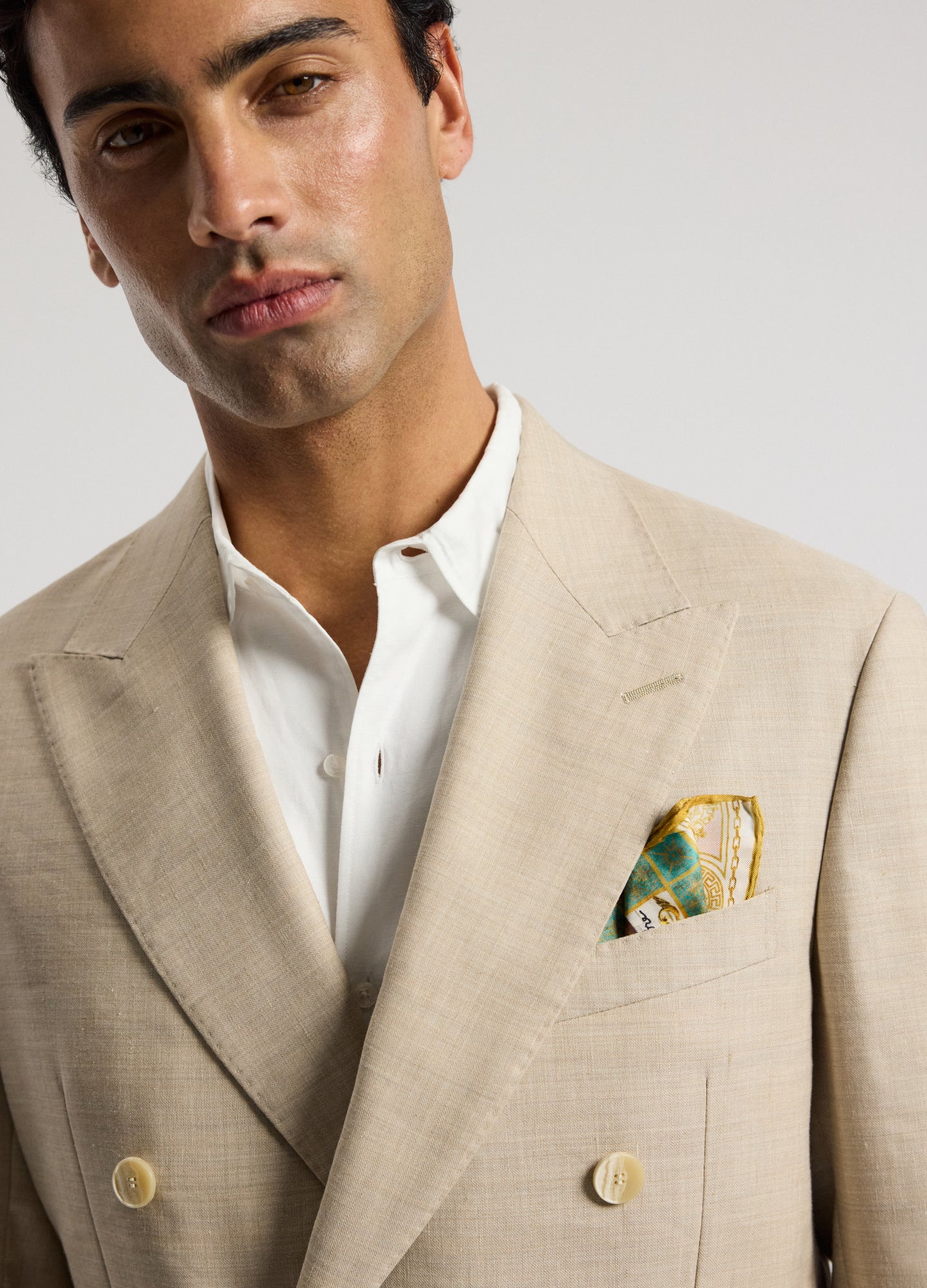 Linen Wool Double-Breasted Suit Jacket Natural