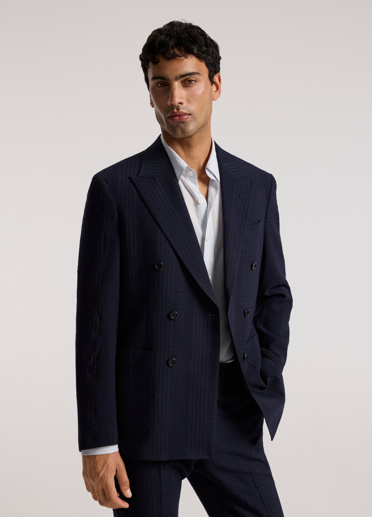 Double-Breasted Shadow Check Suit Jacket Navy