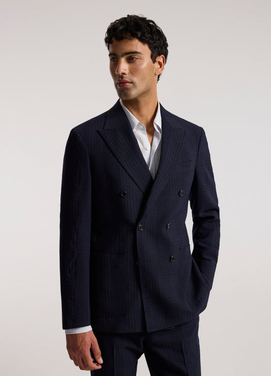 Double-Breasted Shadow Check Suit Jacket Navy