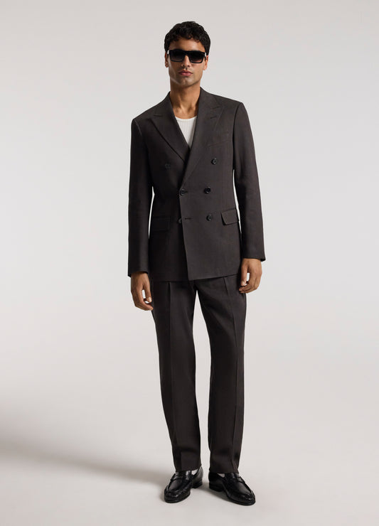 Double-Breasted Linen Blend Suit Jacket Chocolate