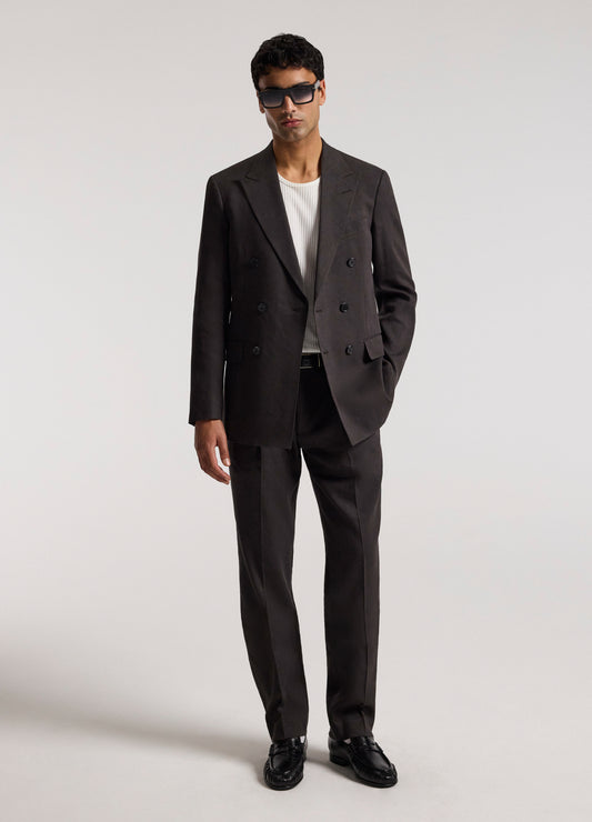 Double-Breasted Linen Blend Suit Jacket Chocolate