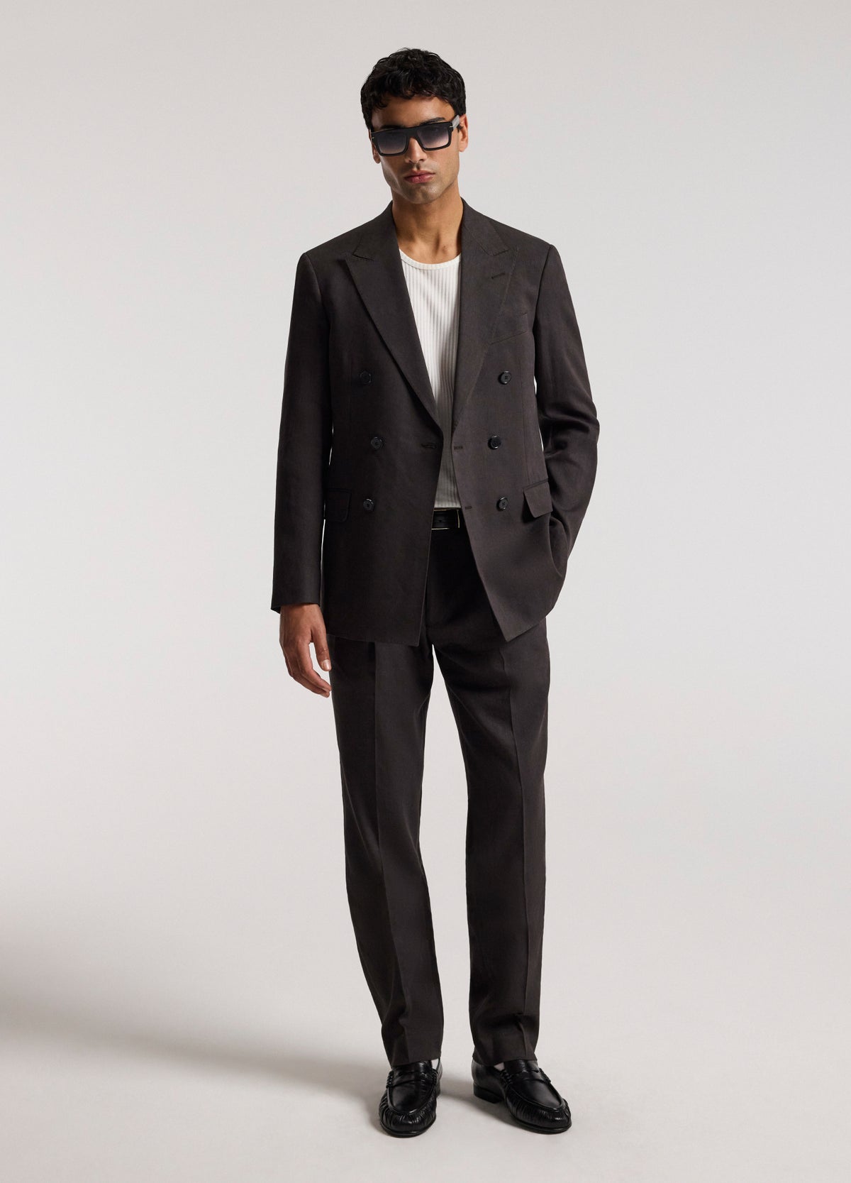 Double-Breasted Linen Blend Suit Jacket Chocolate