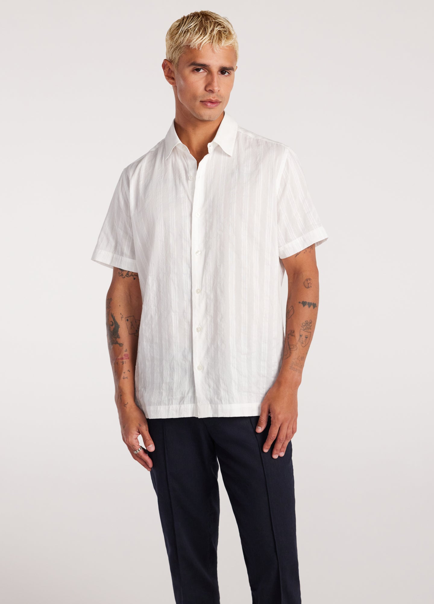 Sheer Striped Short Sleeve Shirt White