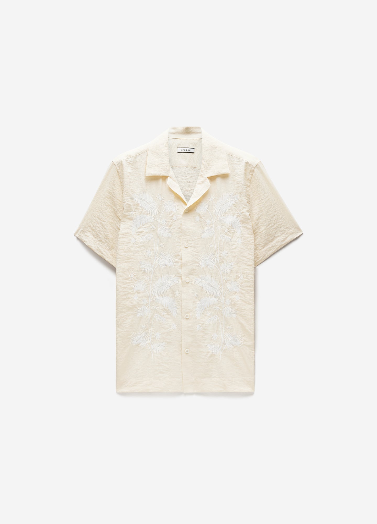 Palm Embroidered Silk Short Sleeve Shirt Off White