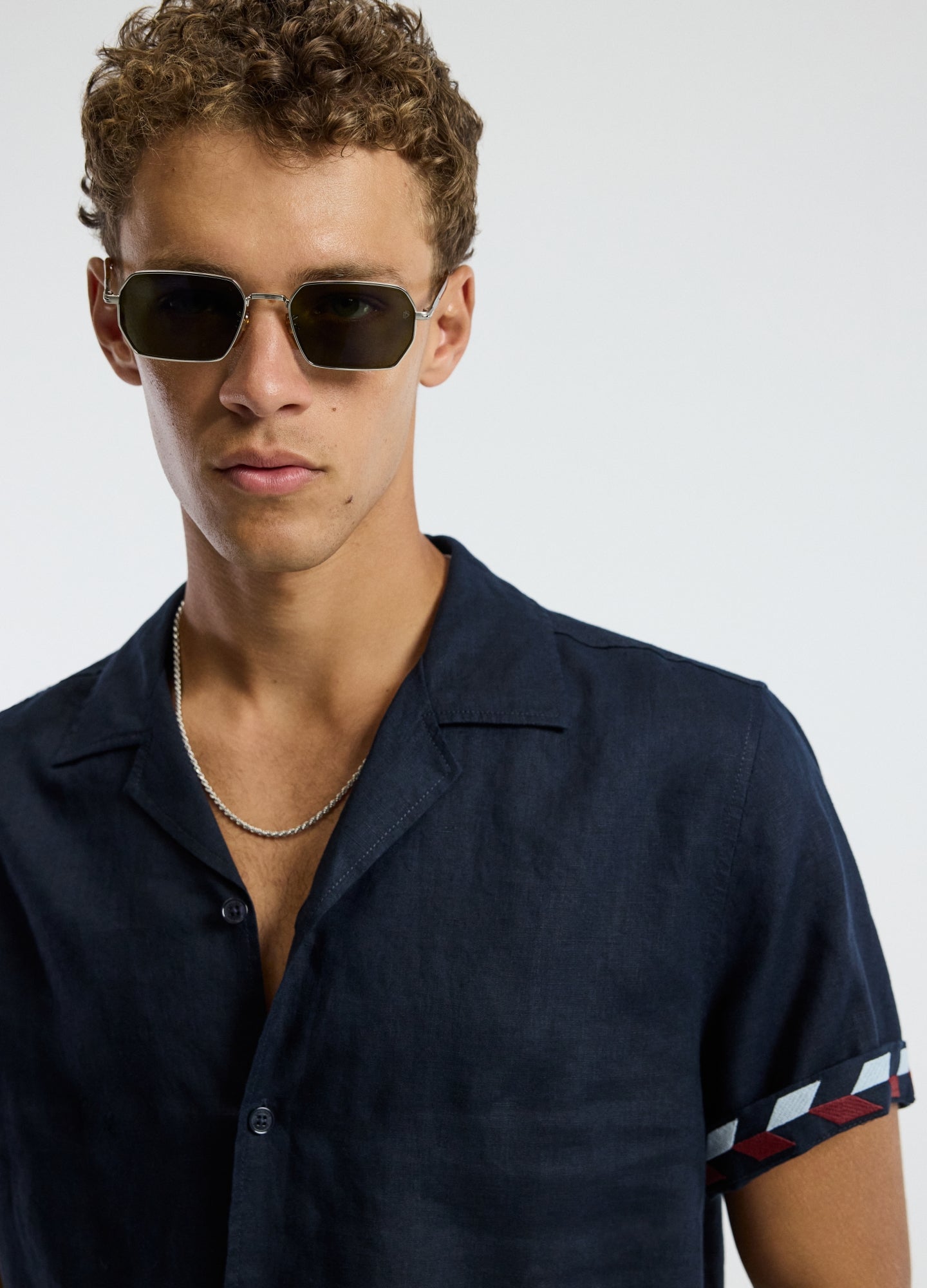 Cuff Detail Short Sleeved Linen Shirt Navy