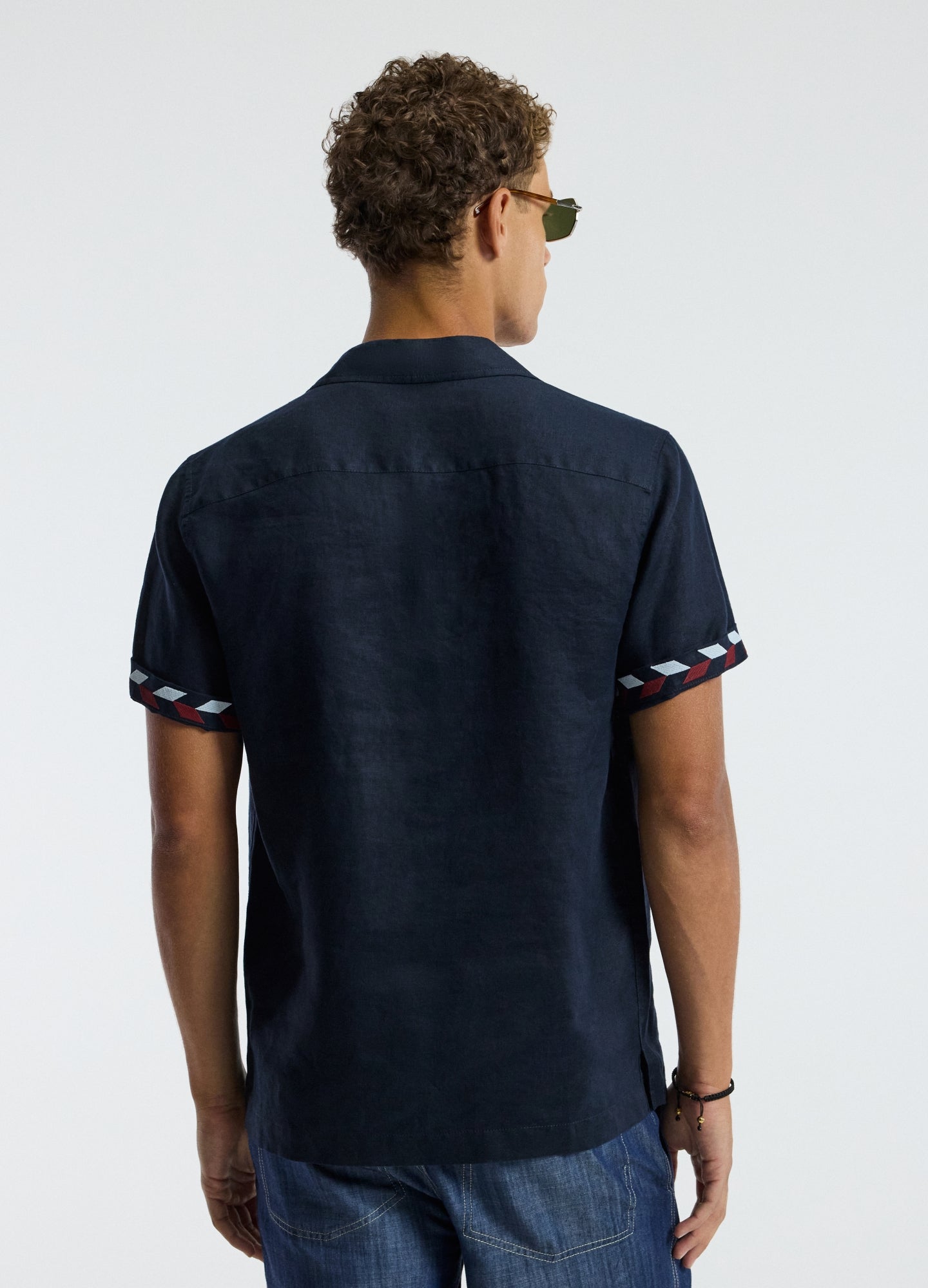 Cuff Detail Short Sleeved Linen Shirt Navy