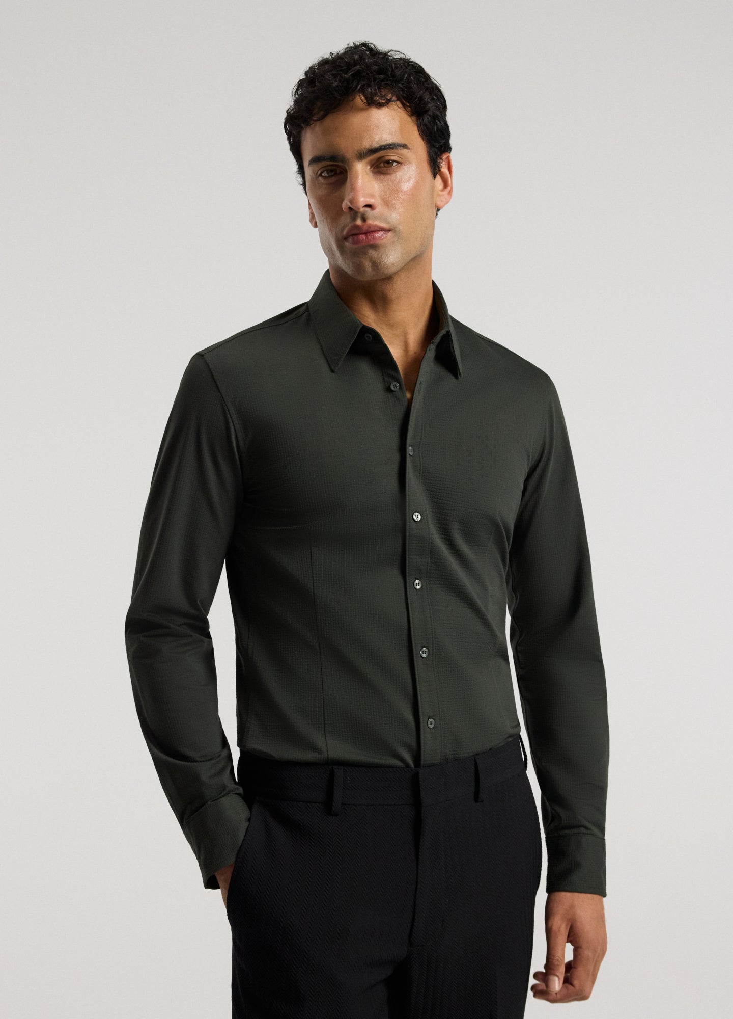 Textured Knit Stretch Shirt Dark Khaki