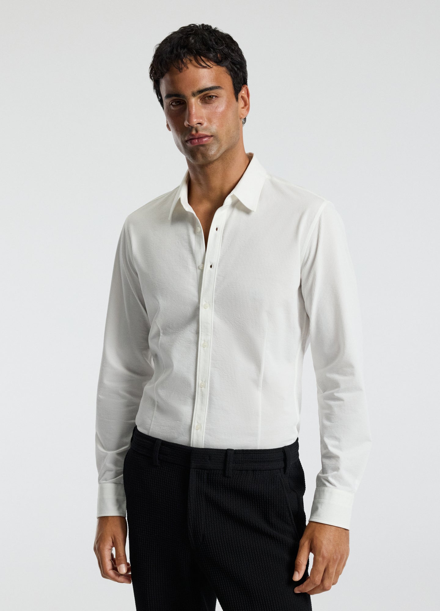 Textured Knit Stretch Shirt Off White