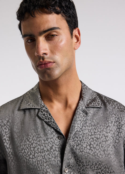 Leopard Camp Collar Silk Shirt Zinc