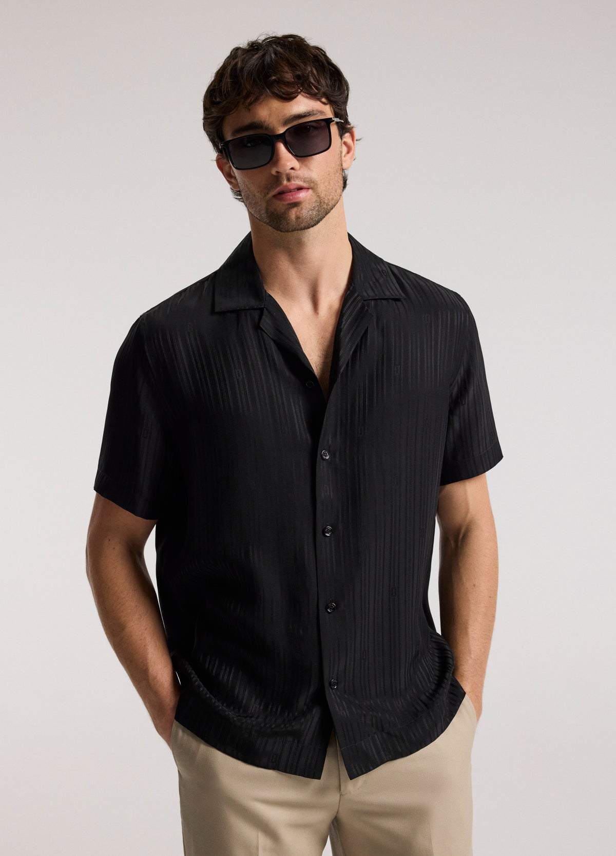 Camp Collar Jacquard Monogram Shirt Black