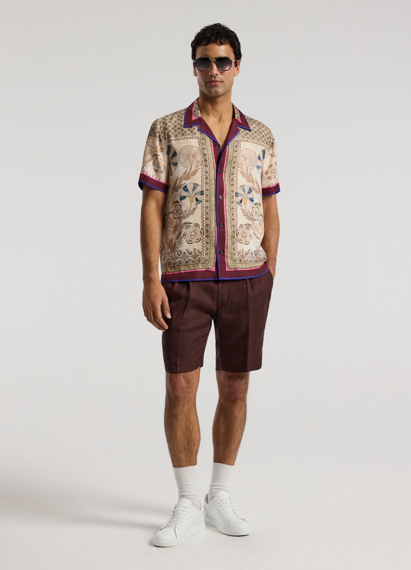 Camp Collar Mosaic Silk Shirt Sand