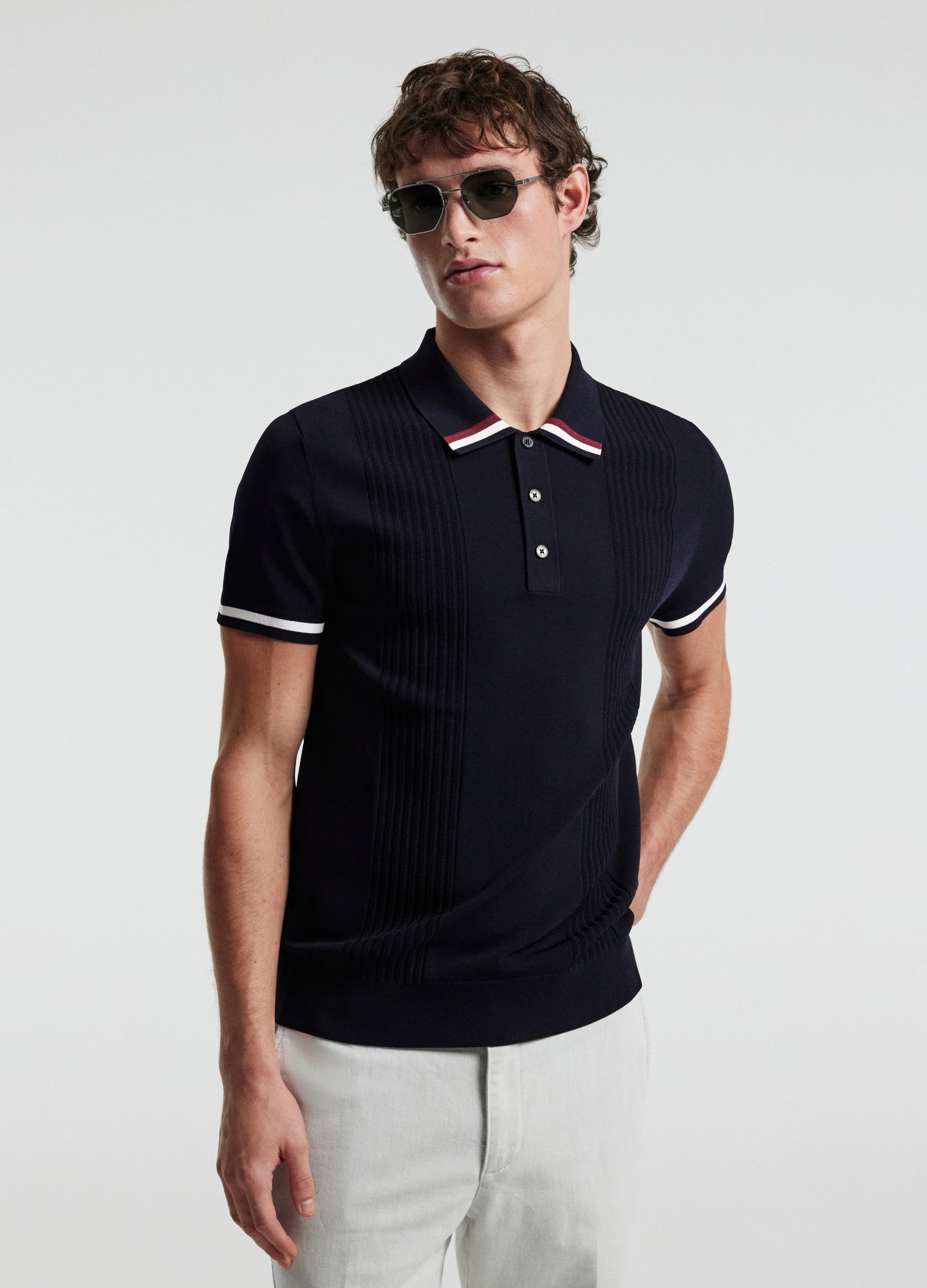 Tech Stripe Collar Polo Navy