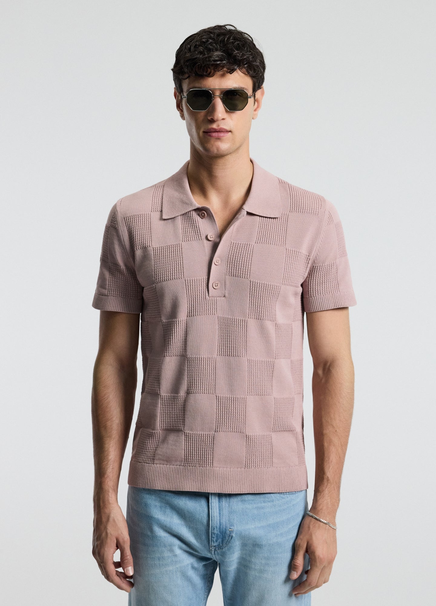 Grid Stitch Polo Pink