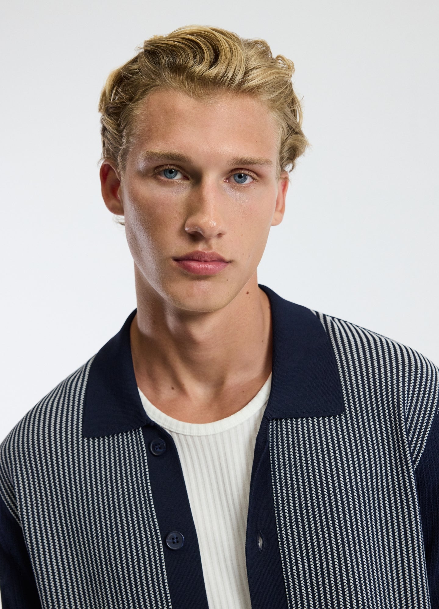 Panelled Stripe Knit Shirt Navy
