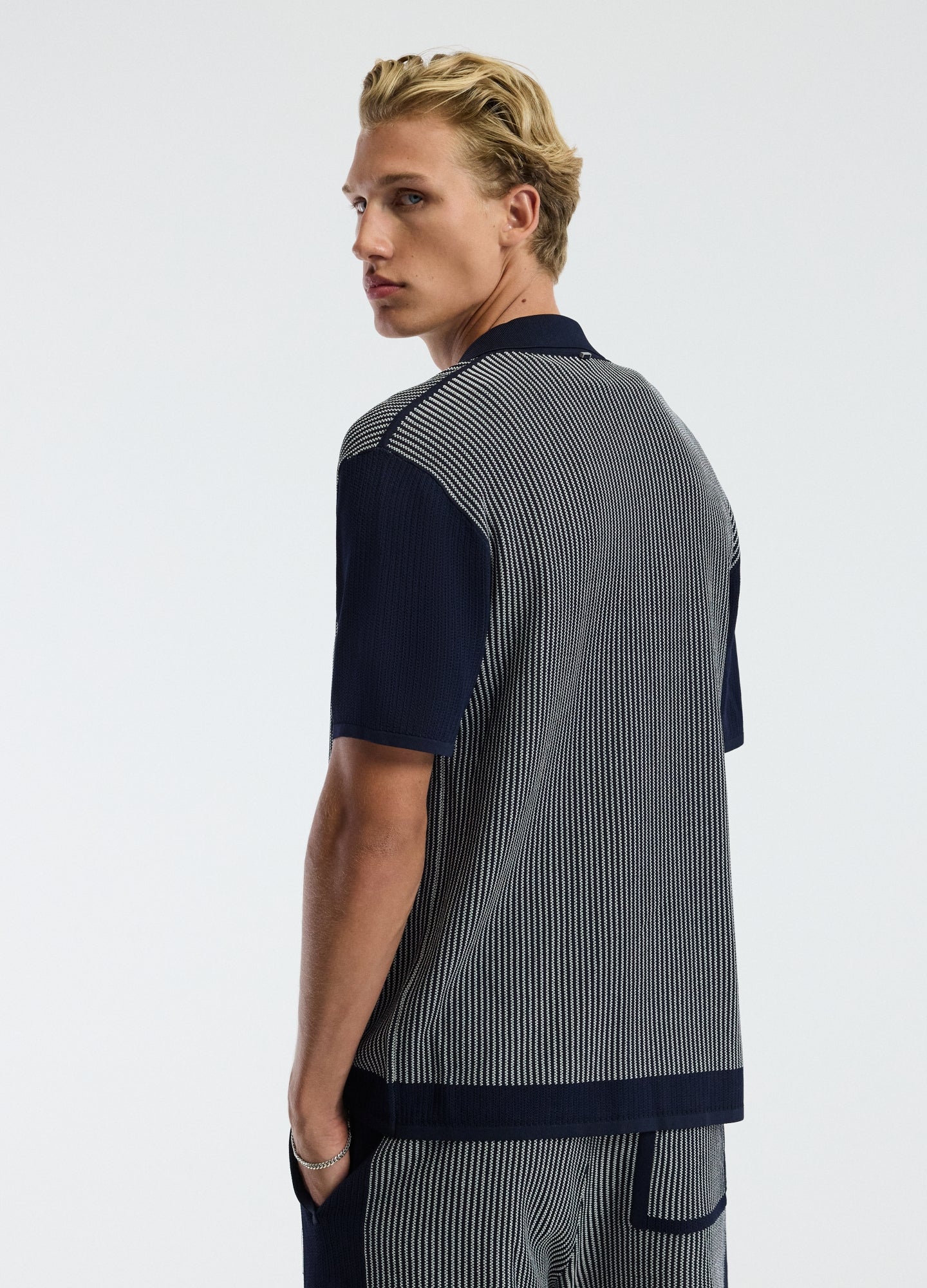 Panelled Stripe Knit Shirt Navy