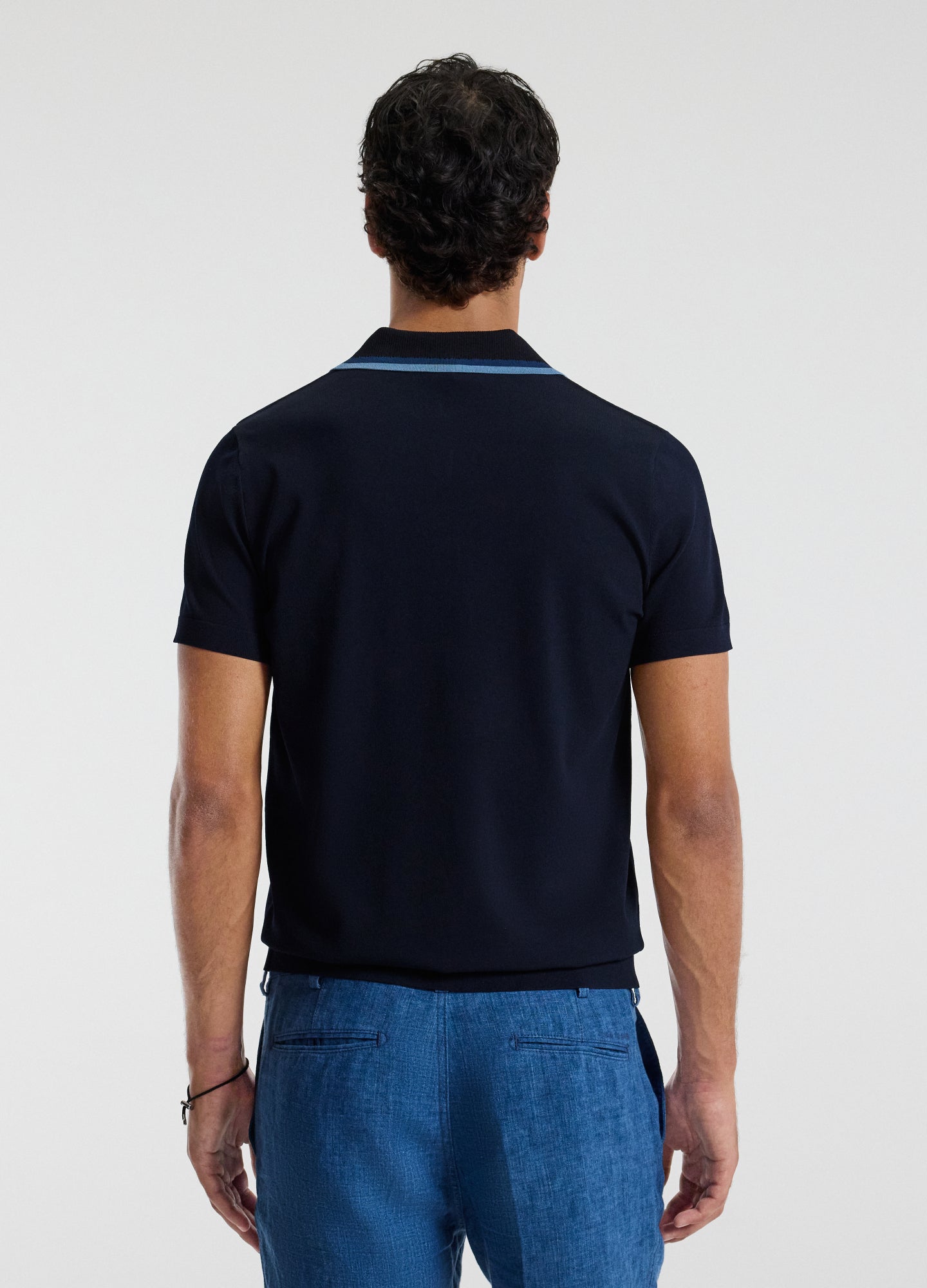 Stripe Open Neck Knit Polo Navy