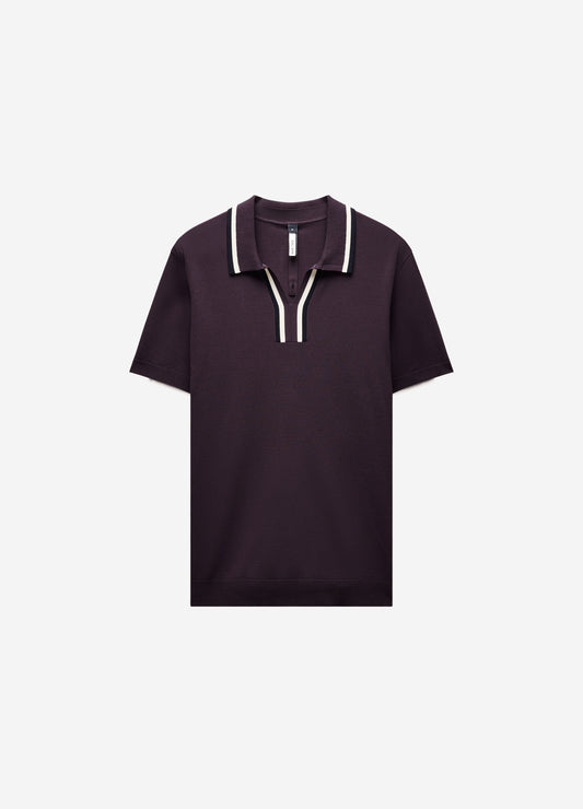Stripe Open Neck Knit Polo Plum