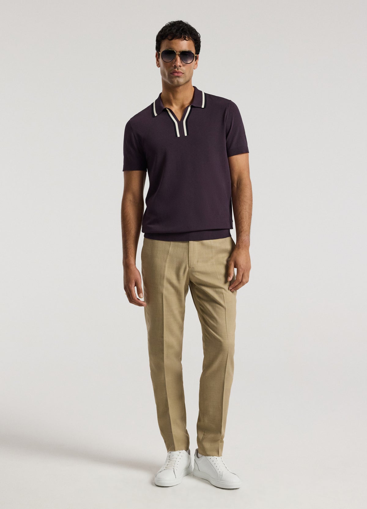 Stripe Open Neck Knit Polo Plum