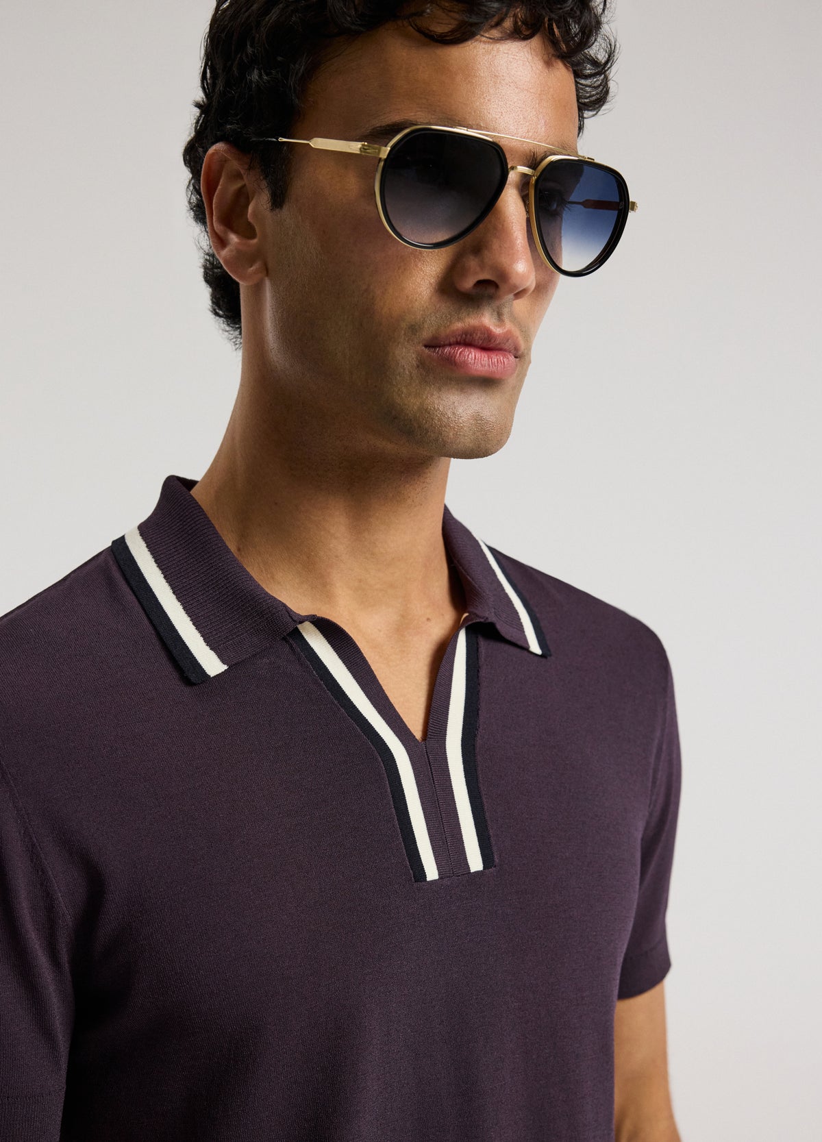 Stripe Open Neck Knit Polo Plum