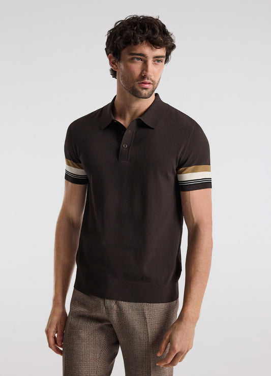Contrast Cuff Technical Knit Polo Chocolate