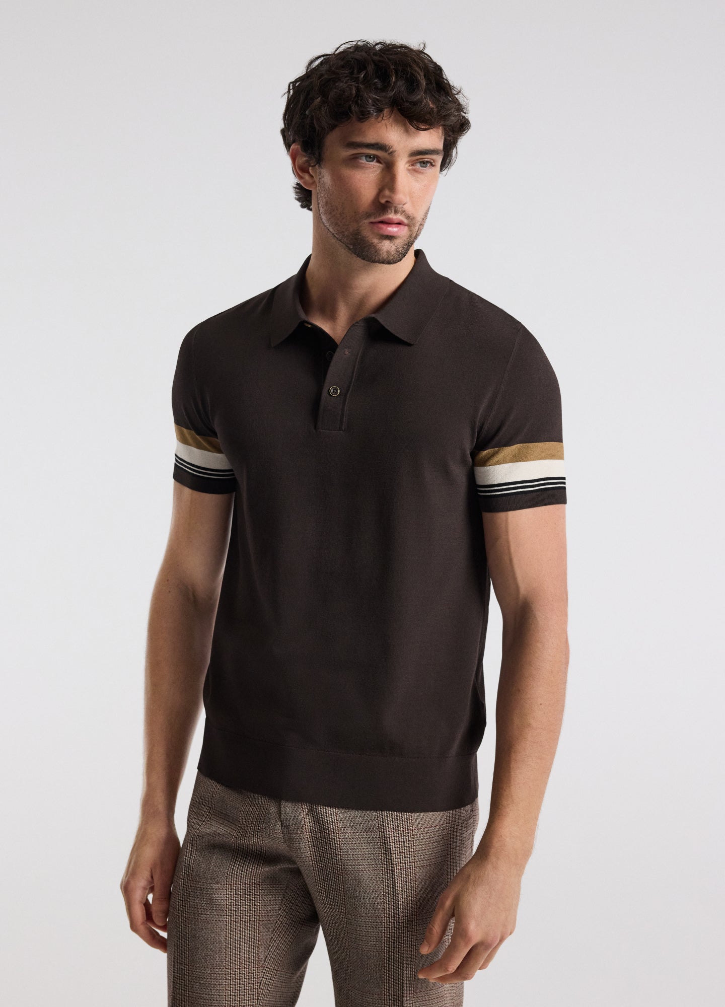 Contrast Cuff Technical Knit Polo Chocolate