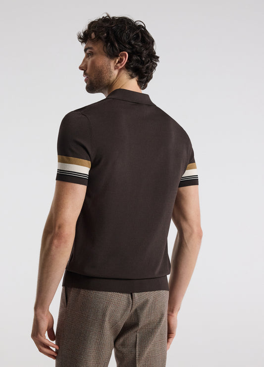 Contrast Cuff Technical Knit Polo Chocolate