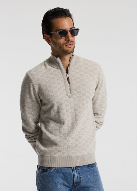 Quarter Zip Monogram Jacquard Sweater Stone