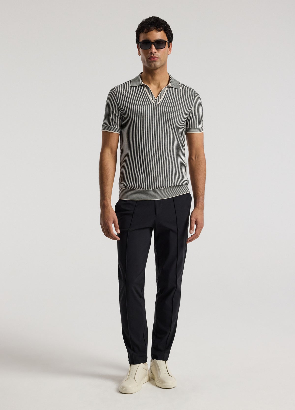 Ribbed Technical Knit Stripe Polo Navy