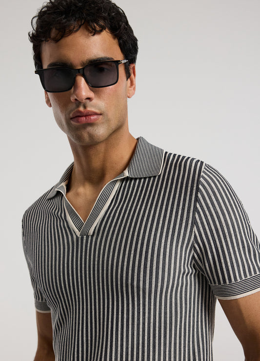 Ribbed Technical Knit Stripe Polo Navy