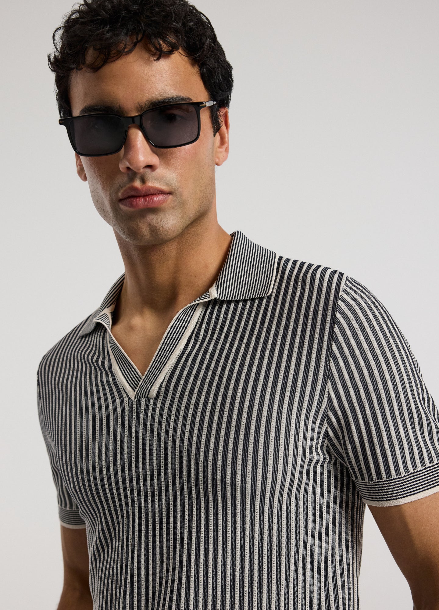 Ribbed Technical Knit Stripe Polo Navy